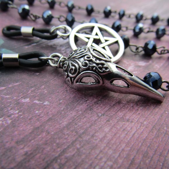 Mallgoth Spooky Bitch Glasses Chain Raven Crow Bird Skull Design - Picture 3 of 4